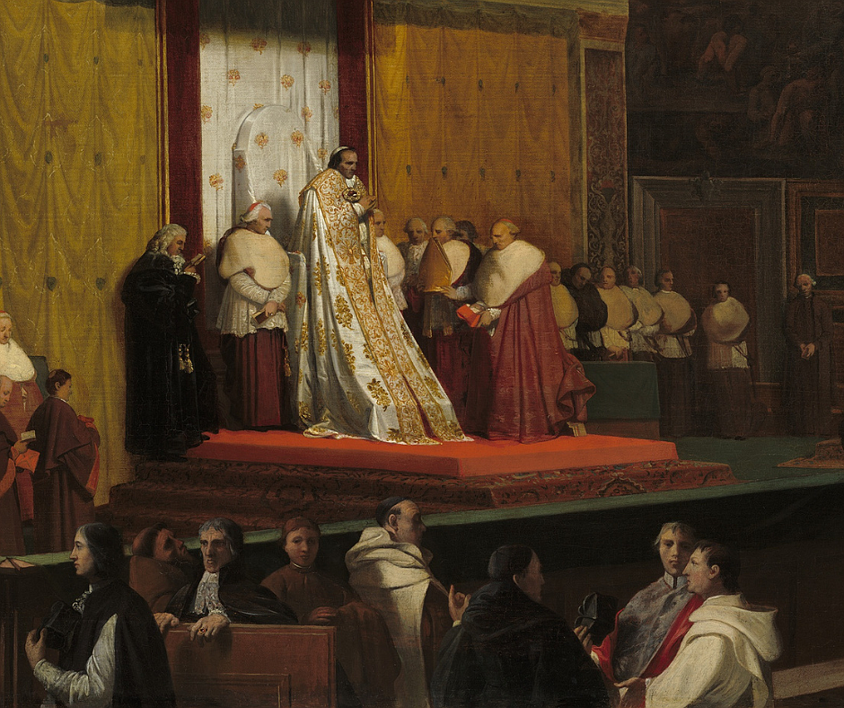 Pope Pius VII in the Sistine Chapel, by Jean-Auguste Domique Ingres. French painting, oil on canvas. When this painting was begun, Pius VII was Napoleon’s prisoner in Savona. Image from Canva.