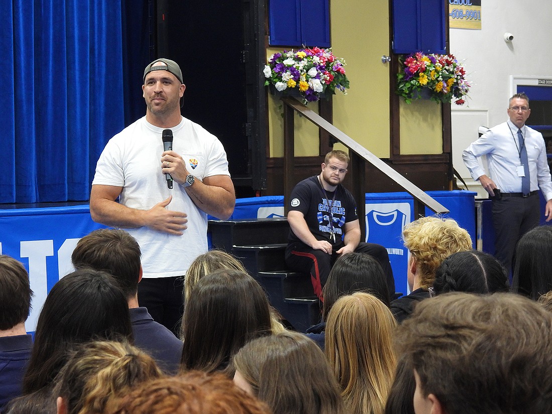 Caleb Campbell, former NFL linebacker and U.S. Army lieutenant, speaks with Donovan Catholic students April 22 about the importance of asking for help when overwhelmed. EmmaLee Italia photo