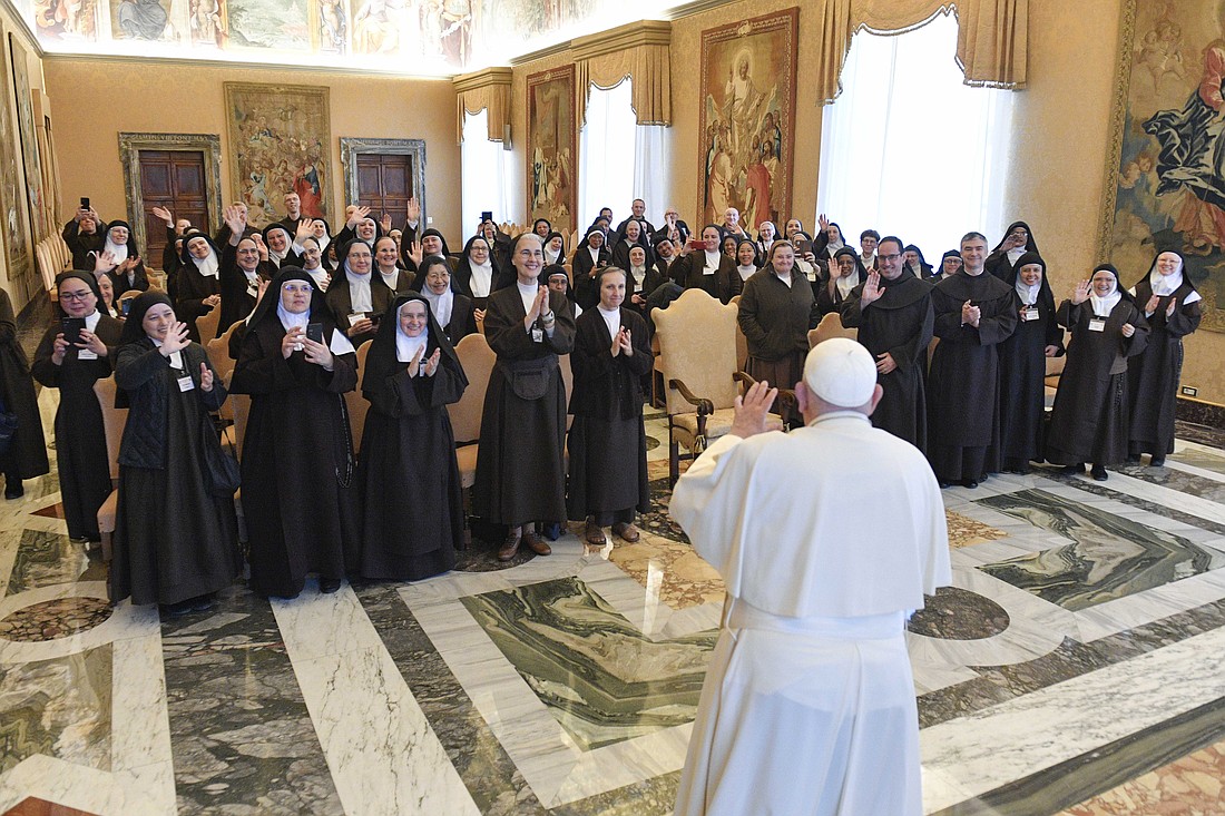 Pope Francis greets the superiors and other delegates from Discalced Carmelite monasteries during a meeting at the Vatican April 18, 2024. CNS photo/Vatican Media