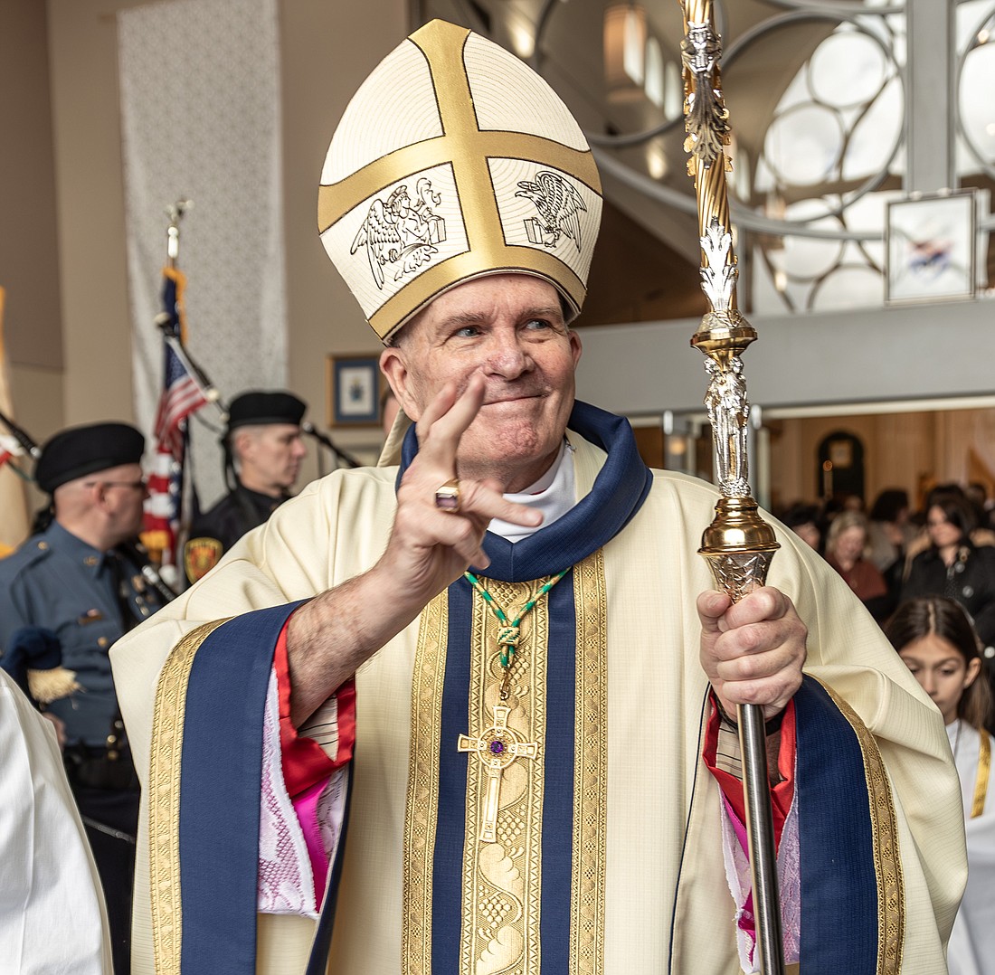 Bishop O’Connell blesses the congregation at the Blue Mass April 4 in St. Robert Bellarmine Co-Cathedral, Freehold. Hal Brown photo
