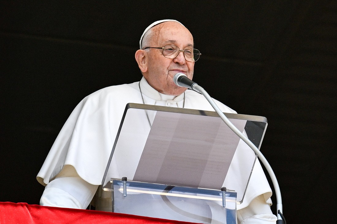 Pope Francis smiles at people gathered in St. Peter's Square to pray the "Regina Coeli" at the Vatican May 5, 2024. (CNS photo/Vatican Media)