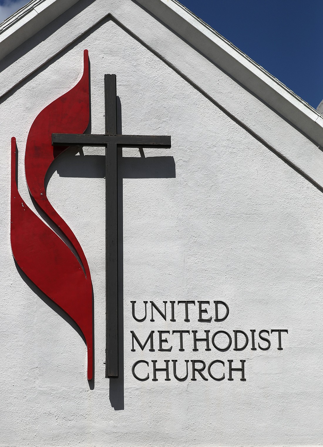 A cross is seen on the facade of a United Methodist Church in Prescott, Ariz., May 3, 2024. (OSV News photo/Bob Roller)