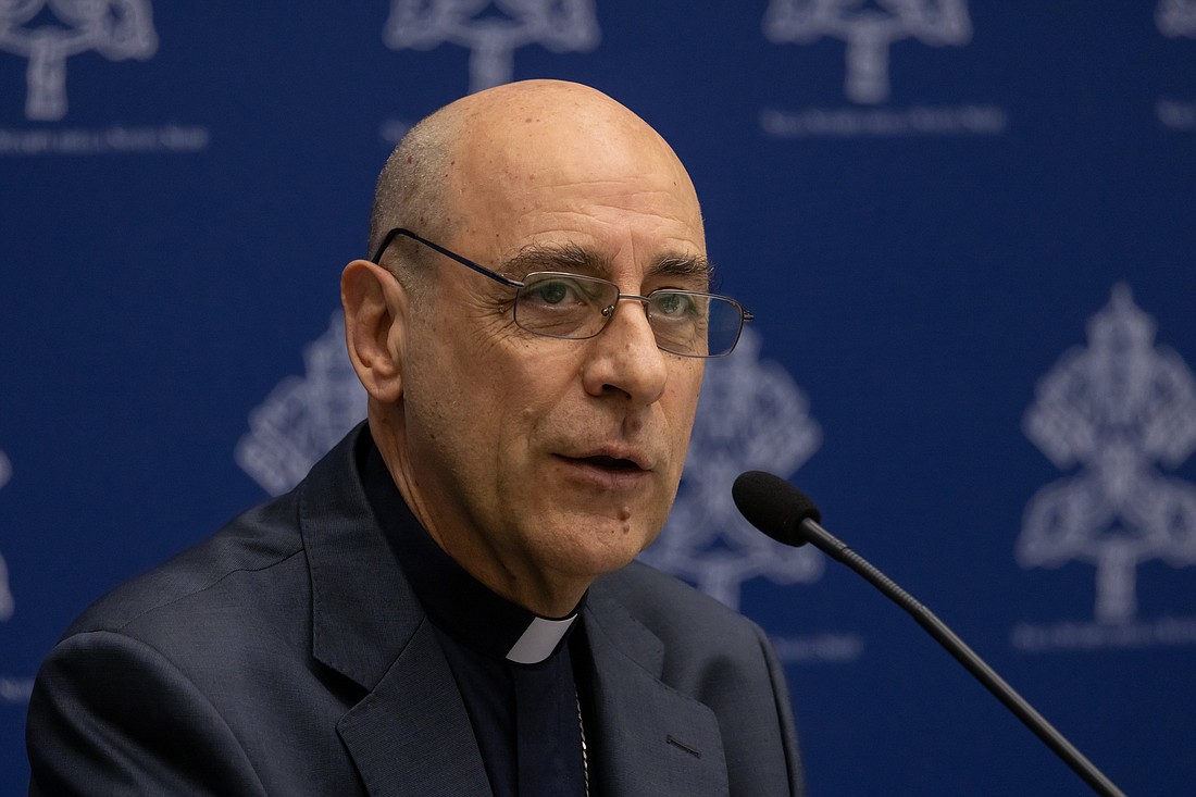 Cardinal Víctor Manuel Fernández, prefect of the Dicastery for the Doctrine of the Faith, speaks at a news conference to present the dicastery's declaration, "Dignitas Infinita" ("Infinite Dignity") on human dignity at the Vatican press office April 8, 2024. (CNS photo/Pablo Esparza)