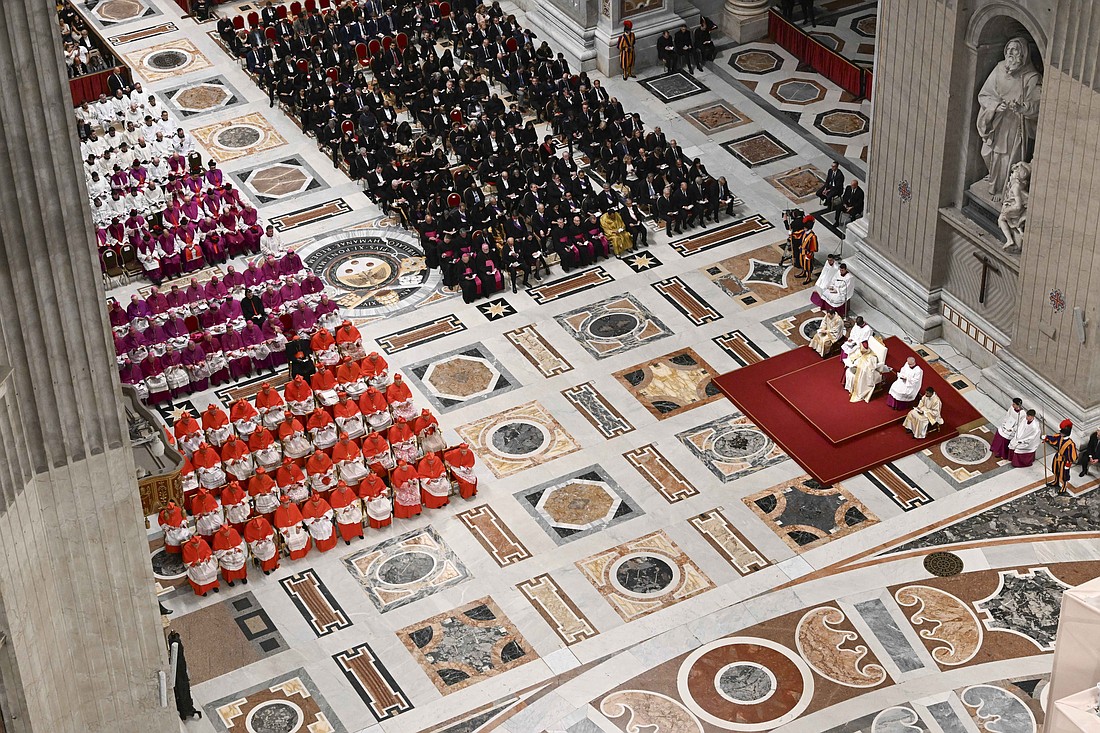 Cardinals, bishops, priests, religious and lay faithful can be seen attending an evening prayer service presided over by Pope Francis in St. Peter's Basilica at the Vatican May 9, 2024. (CNS photo/Vatican Media).