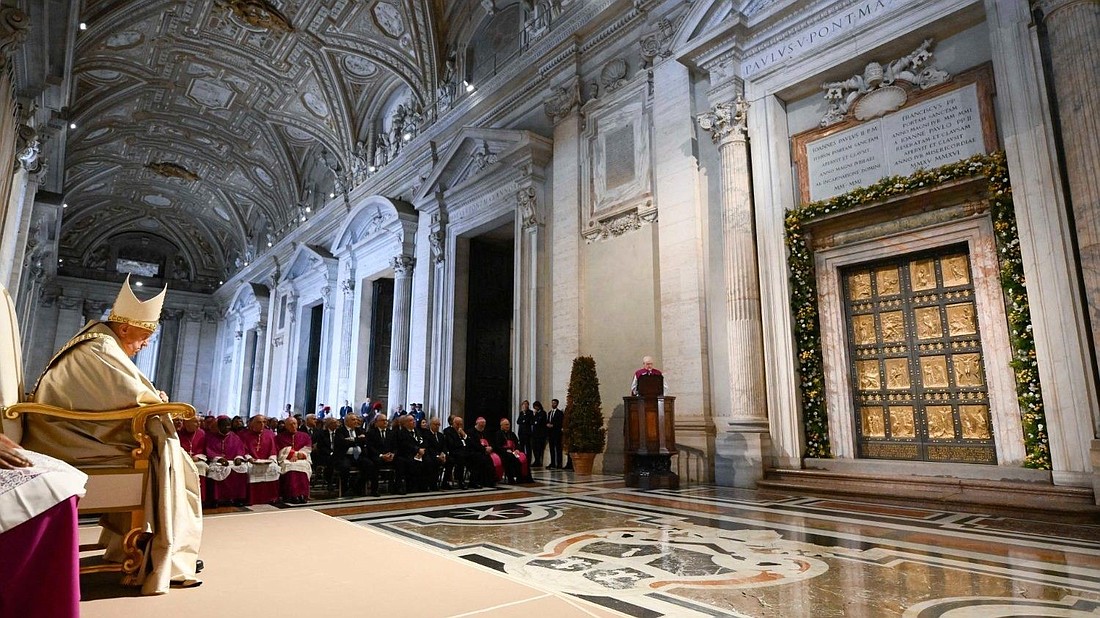 The Bull of Indiction is read at the Holy Door in St. Peter’s Basilica in Rome May 9, 2024.
