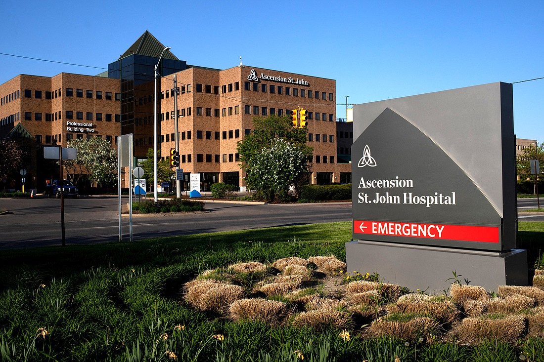 This is a general view of a sign in front of the main entrance to Ascension St. John Hospital in Detroit May 10, 2023. In a May 9, 2024, statement, Ascension reported it had experienced a suspected cyberattack the day before, causing a disruption to some of the Catholic health care system's services. (OSV News photo/Emily Elconin, Reuters)