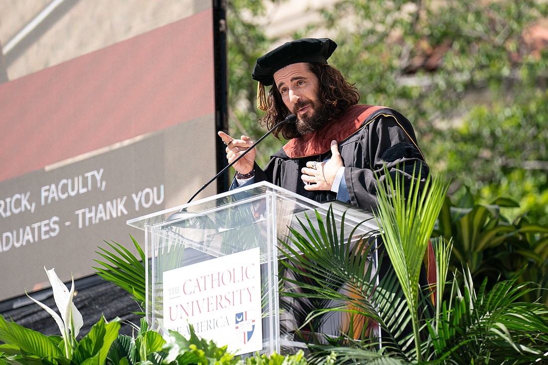 Actor Jonathan Roumie gives the commencement address during the graduation ceremony at The Catholic University of America in Washington May 11, 2024. (OSV News photo/Denny Henry, Catholic University of America)