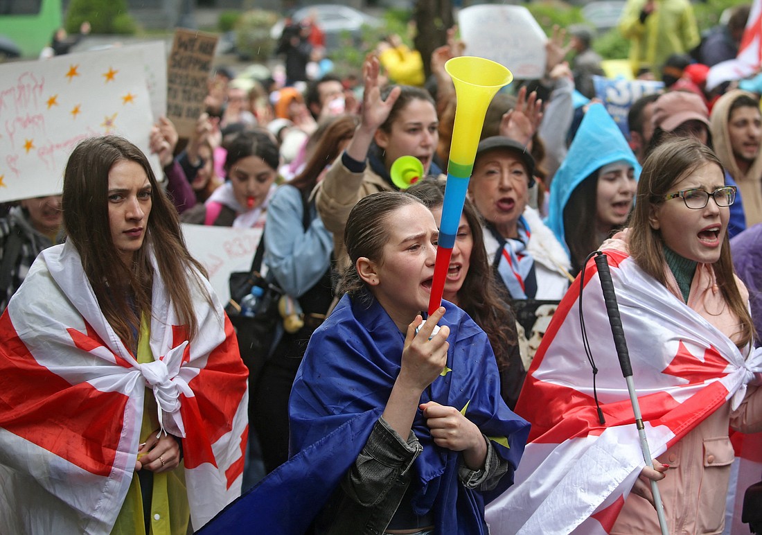 Demonstrators take part in a rally in Tbilisi, Georgia, to protest against a bill on "foreign agents" May 14, 2024. (OSV News photo/Irakli Gedenidze, Reuters)