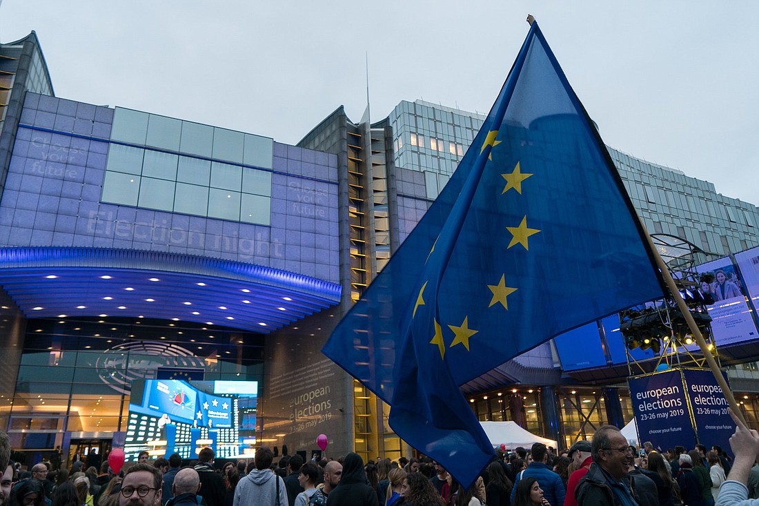 People gather outside the European Parliament in Brussels, Belgium, in this May 26, 2019 file photo. Copyrighted work created by the European Union available under Creative Commons attribution only license CC by 4.0 (CNS photo/European Union, CC by 4.0)