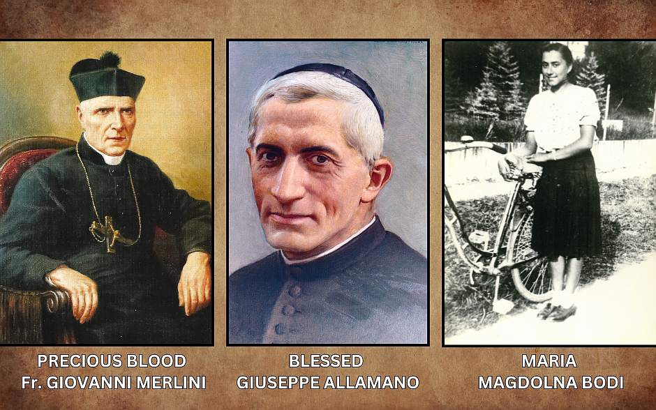 From l to r: A holy card features a painting of Italian Precious Blood Missionary Father Giovanni Merlini, who lived from 1795 to 1873. Pope Francis recognized the miracle needed for his beatification May 23, 2024. (CNS photo/courtesy of the Precious Blood Missionaries) Blessed Giuseppe Allamano, founder of the Consolata Missionaries, is seen in this undated painting. Pope Francis recognized the miracle needed for his canonization May 23, 2024. (CNS photo/courtesy of the Consolata Missionaries)  Mária Magdolna Bódi, a young Hungarian laywoman shot and killed by a Russian soldier whom she had injured while struggling with him to avoid being raped March 23, 1945, is seen in this undated photo. Pope Francis recognized her death as martyrdom May 23, 2024, clearing the way for her beatification. (CNS photo/courtesy of the Diocese of Veszprém)