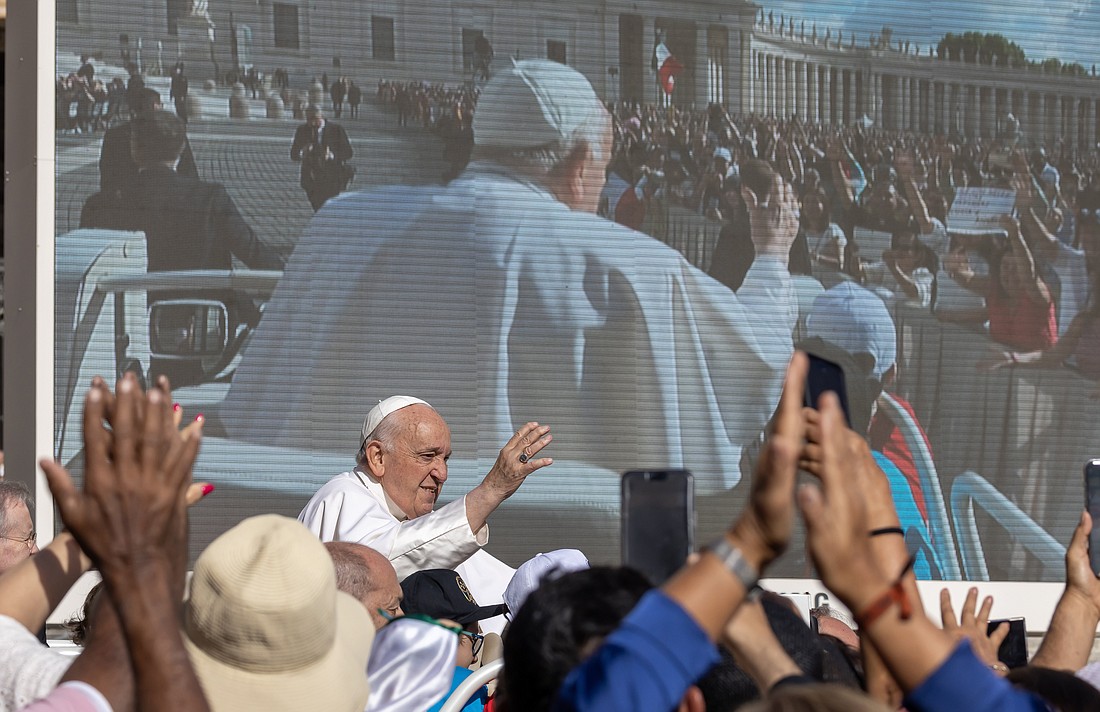 Pope Francis arrives in St. Peter's Square on the popemobile before his general audience at the Vatican May 22, 2024. (CNS photo/Vatican Media
