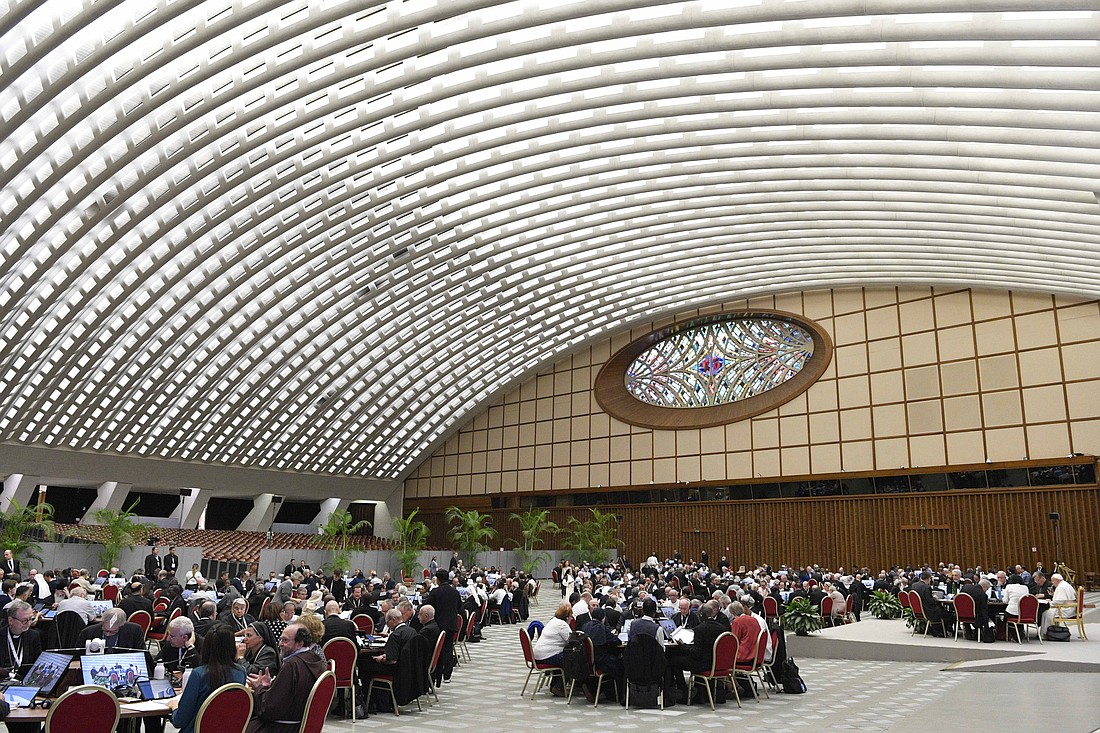Participants in the assembly of the Synod of Bishops gather Oct. 25, 2023, for an afternoon session in the Paul VI Audience Hall at the Vatican. (CNS photo/Vatican Media)