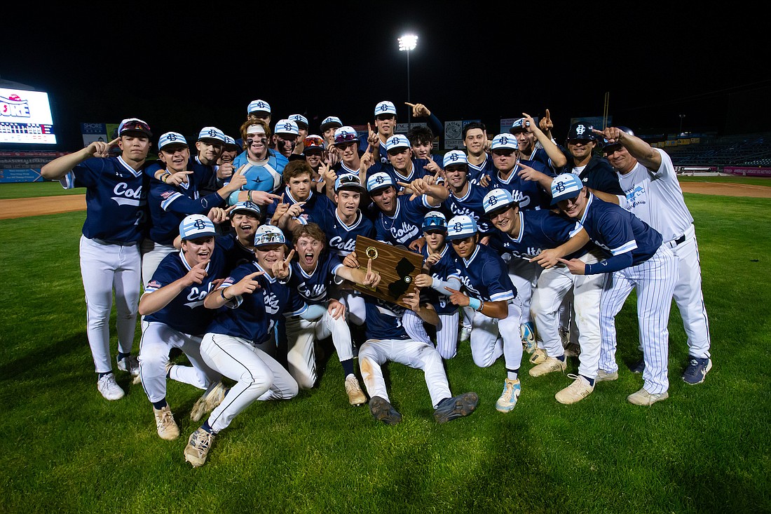 The Christian Brothers Academy baseball team celebrates its Shore Conference Tournament championship on May 22 at Shore Town Ballpark after taking a 1-0 win over Southern Regional. It was the first of two championships in three days for CBA, which defeated Red Bank Catholic in the Monmouth County Tournament two days later. Photo courtesy of Larry Levanti/letsgocolts.com