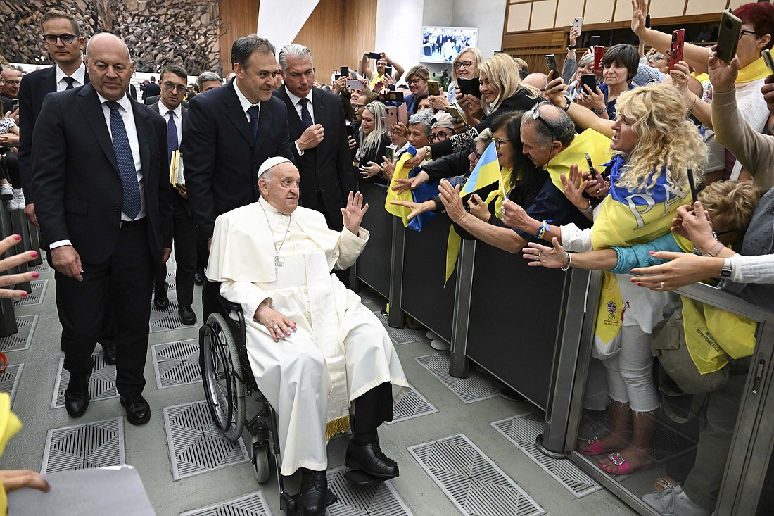 Pope Francis greets representatives of the Christian Associations of Italian Workers (ACLI) during a meeting in the Paul VI Audience Hall June 1, 2024. (CNS photo/Vatican Media)