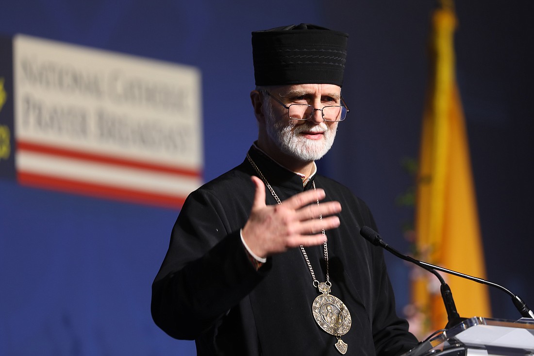 Metropolitan Archbishop Borys A. Gudziak of the Ukrainian Catholic Archeparchy of Philadelphia speaks during the National Catholic Prayer Breakfast in Washington March 14, 2023. As chairman of the U.S. Conference of Catholic Bishops' Committee on Domestic Justice and Human Development, Archbishop Gudziak is co-chair of the U.S. bishops' National Catholic Mental Health Campaign. (OSV News photo/Bob Roller)