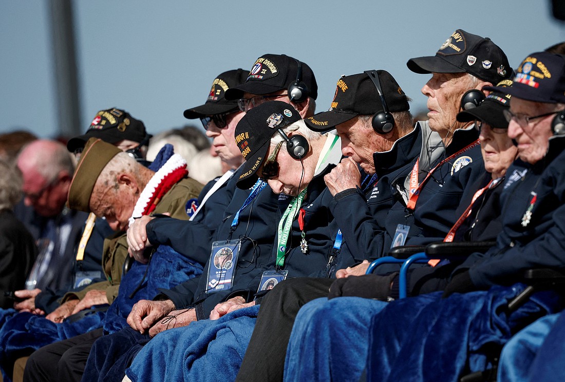 Veterans attend the international ceremony marking the 80th anniversary of the 1944 D-Day landings and the liberation of western Europe from Nazi Germany occupation at Omaha Beach in Saint-Laurent-sur-Merin France's Normandy region June 6, 2024. (OSV News/Benoit Tessier, Reuters)