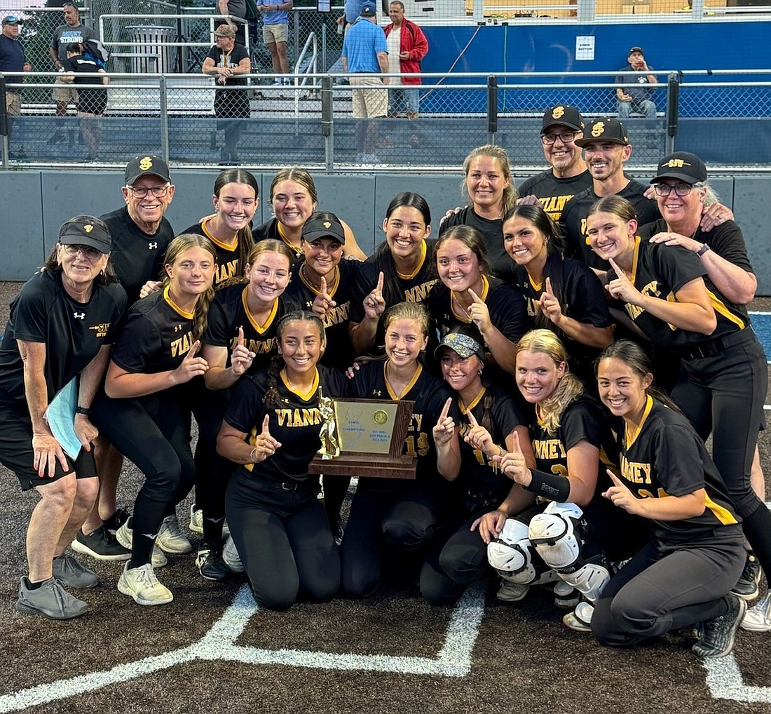 For the second straight year, the St. John Vianney softball team gathered around home plate with their championship plaque to celebrate winning the NJSIAA Non-Public A title. It was the Lancers eighth overall state championship, the fifth highest total in New Jersey softball history. Courtesy photo