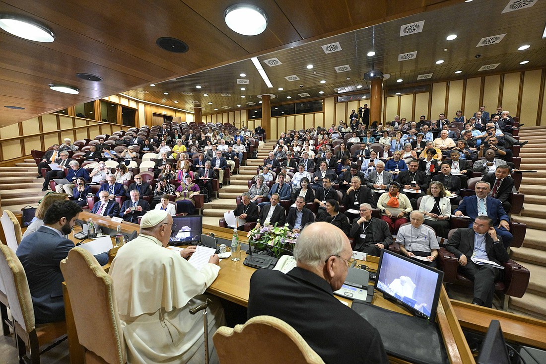 Pope Francis speaks to participants in a conference of moderators of associations of the faithful, ecclesial movements and new movements in the New Synod Hall at the Vatican June 13, 2024. (CNS photo/Vatican Media)