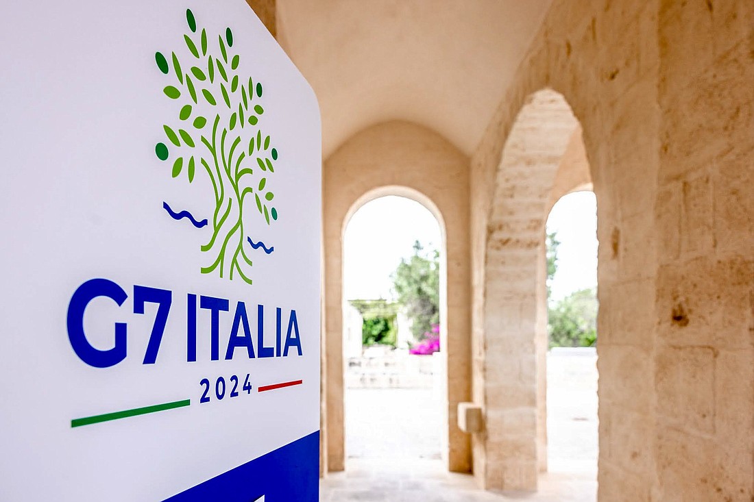 A sign is seen at the G7 Summit in Borgo Egnazia, Italy, June 13, 2024. The June 13-15 summit will focus on global economic governance, international security and energy policy. (CNS photo/courtesy of G7 Italia 2024)