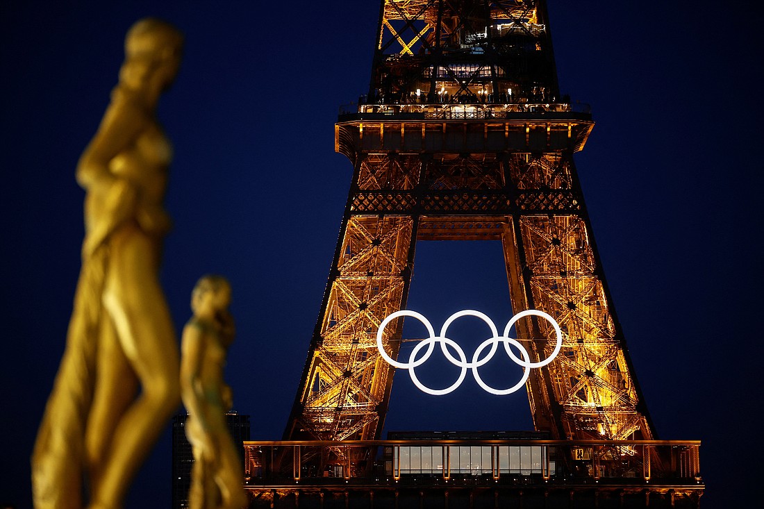 The Olympic rings are displayed on the first floor of the Eiffel Tower in Paris June 9, 2024, ahead of the Paris 2024 Olympic Games. (OSV News photo/Benoit Tessier, Reuters)