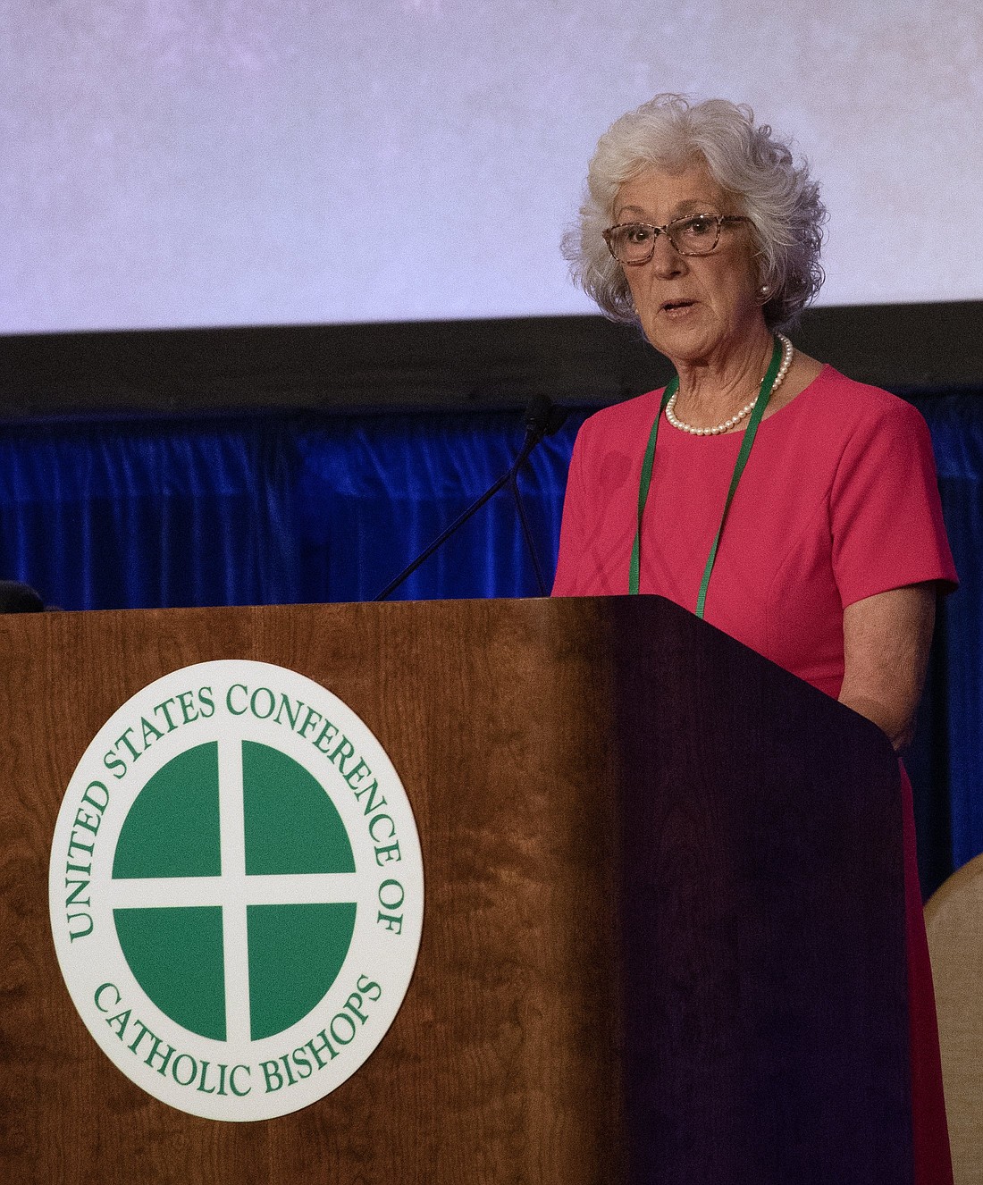 Suzanne Healy, chairwoman of the U.S. Conference of Catholic Bishops' National Review Board,June 14, 2023, at the U.S. Conference of Catholic Bishops' Spring Plenary Assembly in Louisville, Ky. (OSV News photo/Bob Roller)