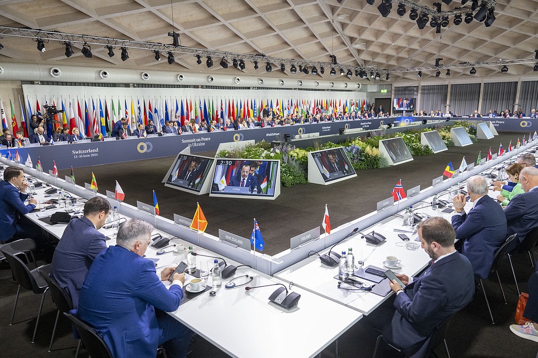 About 100 delegations, including 57 heads of state and governments, attend a plenary session of a summit on peace in Ukraine held in Stansstad, Switzerland, June 16, 2024. Heads of state from around the world gathered at a resort in central Switzerland for a June 15-16 summit to kick-start a peace process. (CNS photo/KEYSTONE/EDA/POOL/Urs Flueeler) Photo courtesy of the Federal Department of Foreign Affairs of Switzerland..