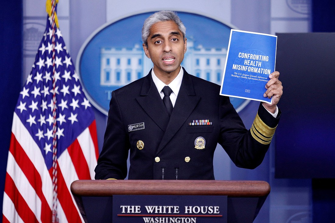 U.S. Surgeon General Dr. Vivek Murthy delivers remarks during a news conference at the White House in Washington July 15, 2021. In an opinion piece in The New York Times June 17, 2024, Murthy called for health warning labels on social media platforms  -- similar to those federally mandated since 1965 for tobacco products. On May 23, 2023, Murthy released a 21-page advisory  that called for "emergency action at all levels over youth social media usage for the sake of their mental health." (OSV News photo/Tom Brenner, Reuters)