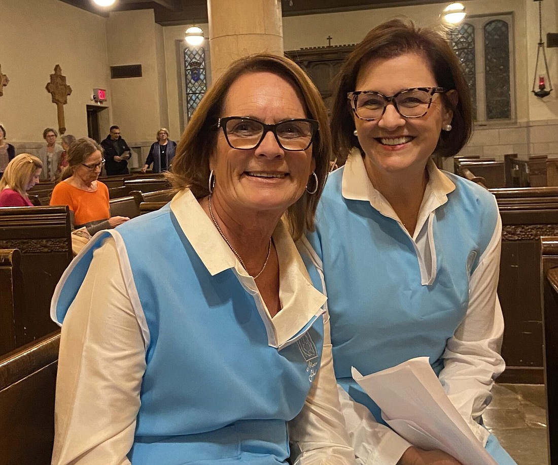 Julie Mainelli, left, a national executive director of Mater Filius, a Catholic-run network of homes for pregnant women in need,   and Anne Raynor, co-executive director of the Mater Filius home in Omaha, Neb.,  are pictured at Omaha's St. Margaret Mary Church during a "Directed by Mary" Mater Filius event in February 2024. OSV News photo/courtesy Mater Filius/Catholic Voice