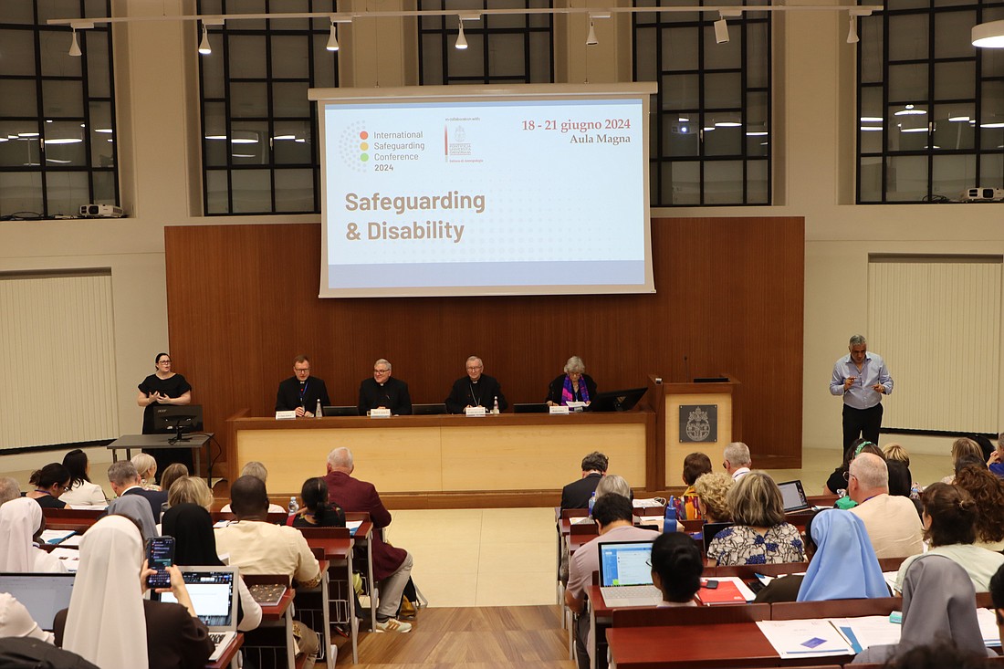 Jesuit Father Hans Zollner, president of the Pontifical Gregorian University's Institute of Anthropology: Interdisciplinary Studies on Human Dignity and Care, speaks during a safeguarding conference hosted at the university in Rome June 18, 2024. (CNS photo/Courtesy Pontifical Gregorian University)