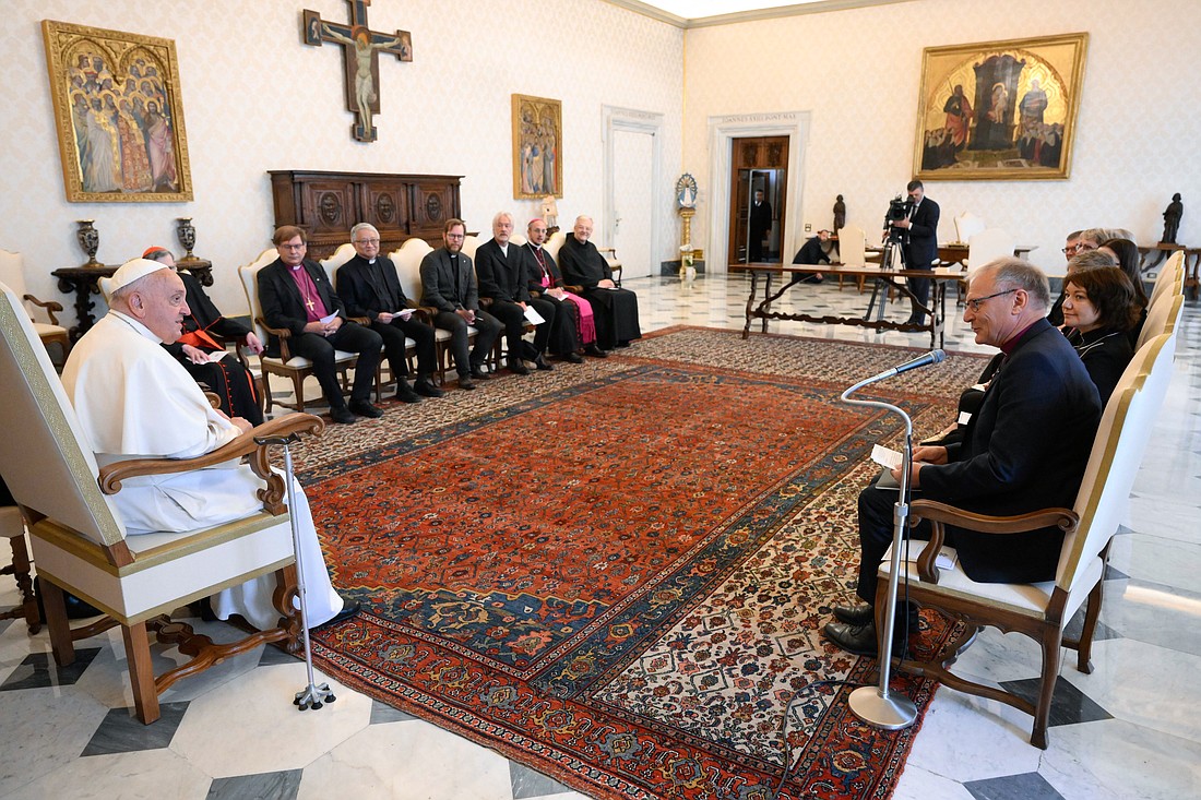 Pope Francis meets with a delegation of the Lutheran World Federation during a private audience at the Vatican June 20, 2024. (CNS photo/Vatican Media)