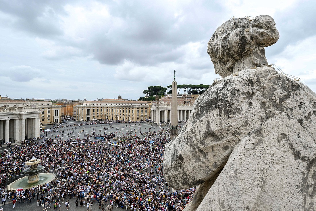 Visitors gather in St. Peter's Square to pray the Angelus with Pope Francis at the Vatican June 23, 2024. (CNS photo/Vatican Media)