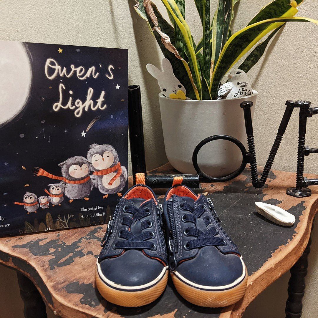 A pair of shoes that belonged to Owen Steiner, a 15-month-old boy who died suddenly in 2020, are now given a place of prominence in the Steiner family home in Hermann, Mo. "It's amazing how something becomes not just shoes but a cherished treasure," said his mother, Jeanette Steiner, author of the children's storybook "Owen's Light." (OSV News photo/courtesy Jeanette Steiner via The Catholic Missourian)
