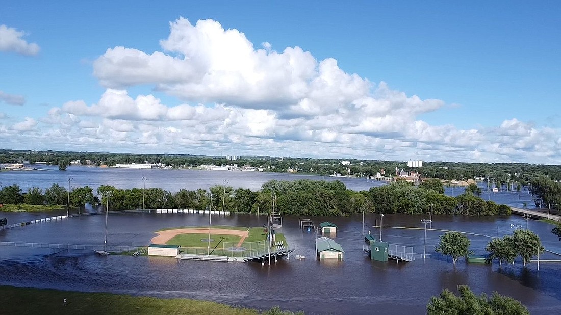 The Gehlen Catholic School softball and baseball field complex in Le Mars, Iowa, is seen underwater June 24, 2024. Numerous communities throughout the 24 counties of the Diocese of Sioux City in northwestern Iowa were affected by historic flooding due to heavy rains beginning in mid-June. (OSV News photo/courtesy of Scott Schroeder)