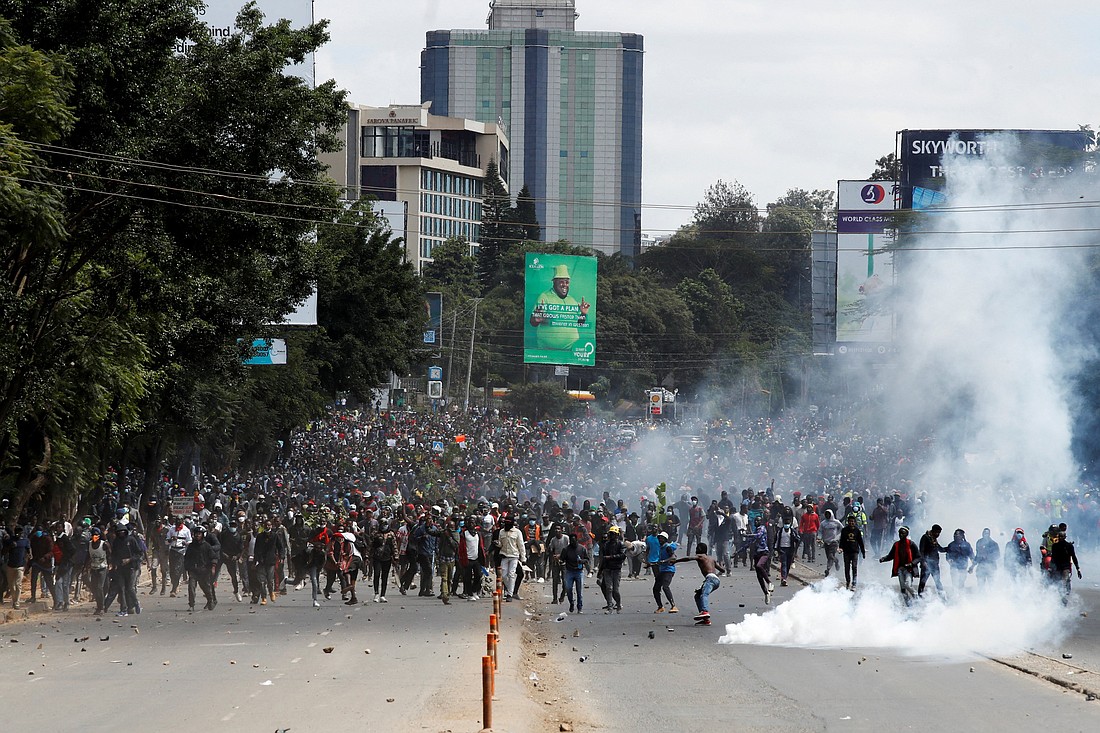 Protesters march in the street during a demonstration in Nairobi June 25, 2024, against Kenya's proposed finance bill to raise taxes. After Parliament passed the measure, it was sent to  Kenyan President William Ruto for his signature or other action. In the face of chaos, Ruto rejected the bill June 26. (OSV News photo/Monicah Mwang, Reuters)