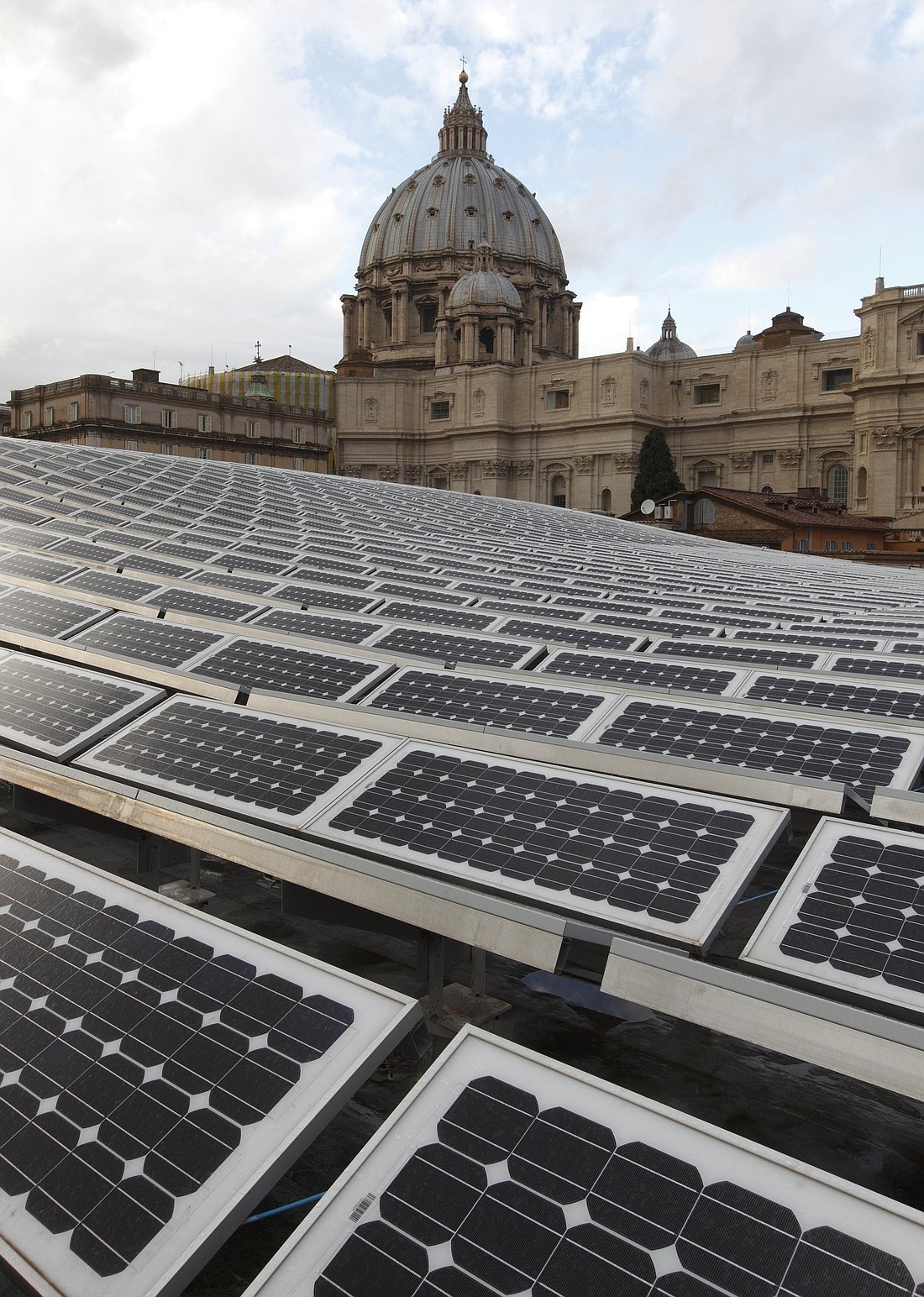 Solar panels are seen on the roof of the Paul VI audience hall at the Vatican in this Dec. 1, 2010, file photo. (CNS photo/Paul Haring)