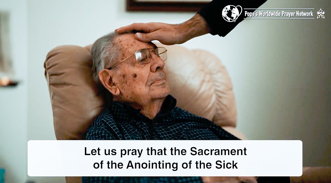 A screengrab from Pope Francis' video message released July 2, 2024, shows a man receiving a blessing as part of his prayer intention for the month of July, which is dedicated to the pastoral care of the sick. (CNS screengrab/Pope's Worldwide Prayer Network).