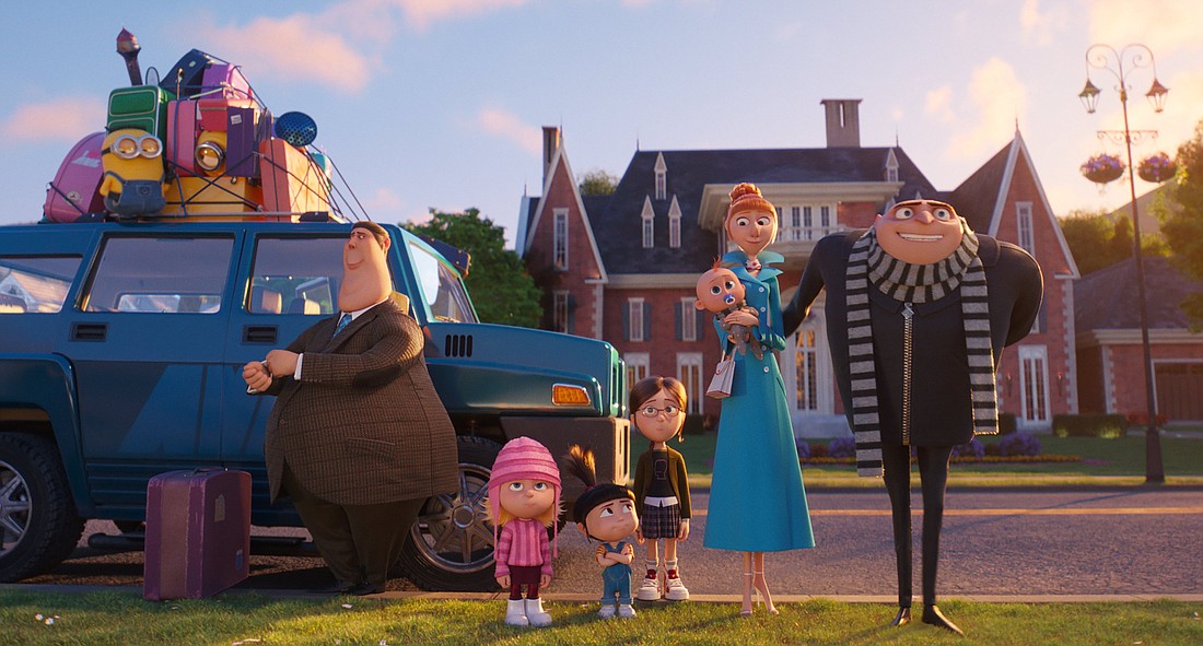 Minions (Pierre Coffin), Silas (Steve Coogan), Edith (Dana Gaier), Agnes (Madison Polan), Margo (Miranda Cosgrove), Gru Jr., Lucy (Kristen Wiig) and Gru (Steve Carell) appear in the movie "Despicable Me 4." (OSV News photo/Universal)