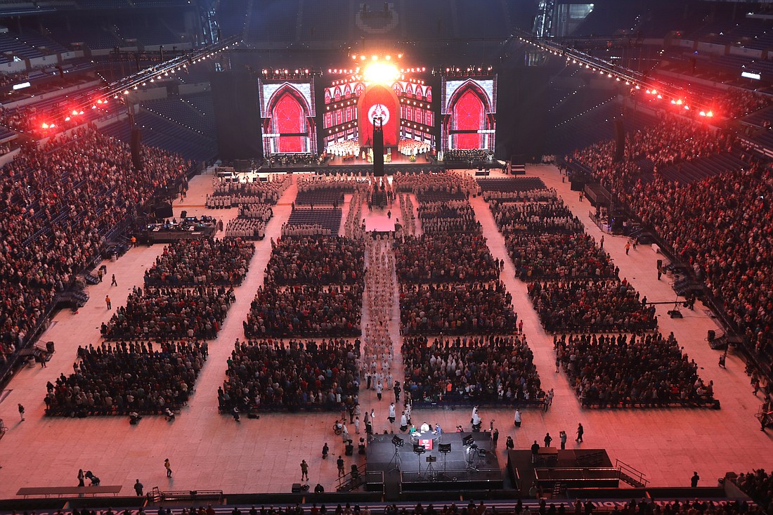 Prelates and clergymen process following morning Mass at Lucas Oil Stadium July 18, 2024, during the National Eucharistic Congress in Indianapolis. (OSV News photo/Bob Roller)