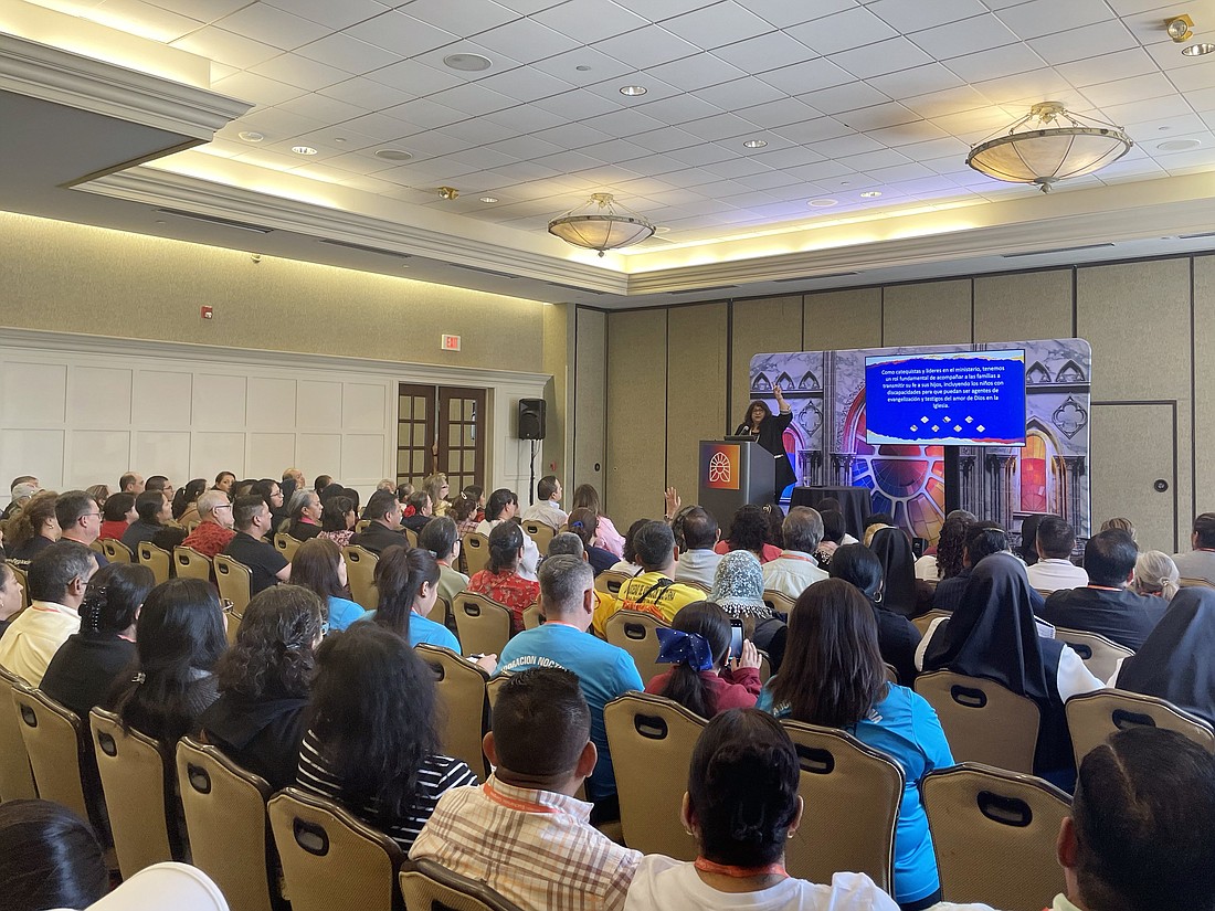 Esther Garcia talks about strategies to ensure that persons with disabilities can access the sacraments during the break out session in Spanish titled "Eucaristía: Garantizar su Acceso a Todos” at the National Eucharistic Congress. (OSV News photo/Maria-Pia Chin)