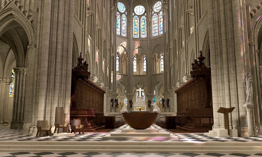 The liturgical furniture designed by designer and sculptor Guillaume Bardet, is composed of five elements in the restored Notre Dame Cathedral in Paris: the altar, the cathedra and the associated seats, the ambo, the tabernacle and the baptistery. Each of the pieces was designed in sculpted bronze, a material offering a powerful, timeless and luminous aesthetic. (OSV News photo/courtesy Archdiocese of Paris, Guillaume Bardet)