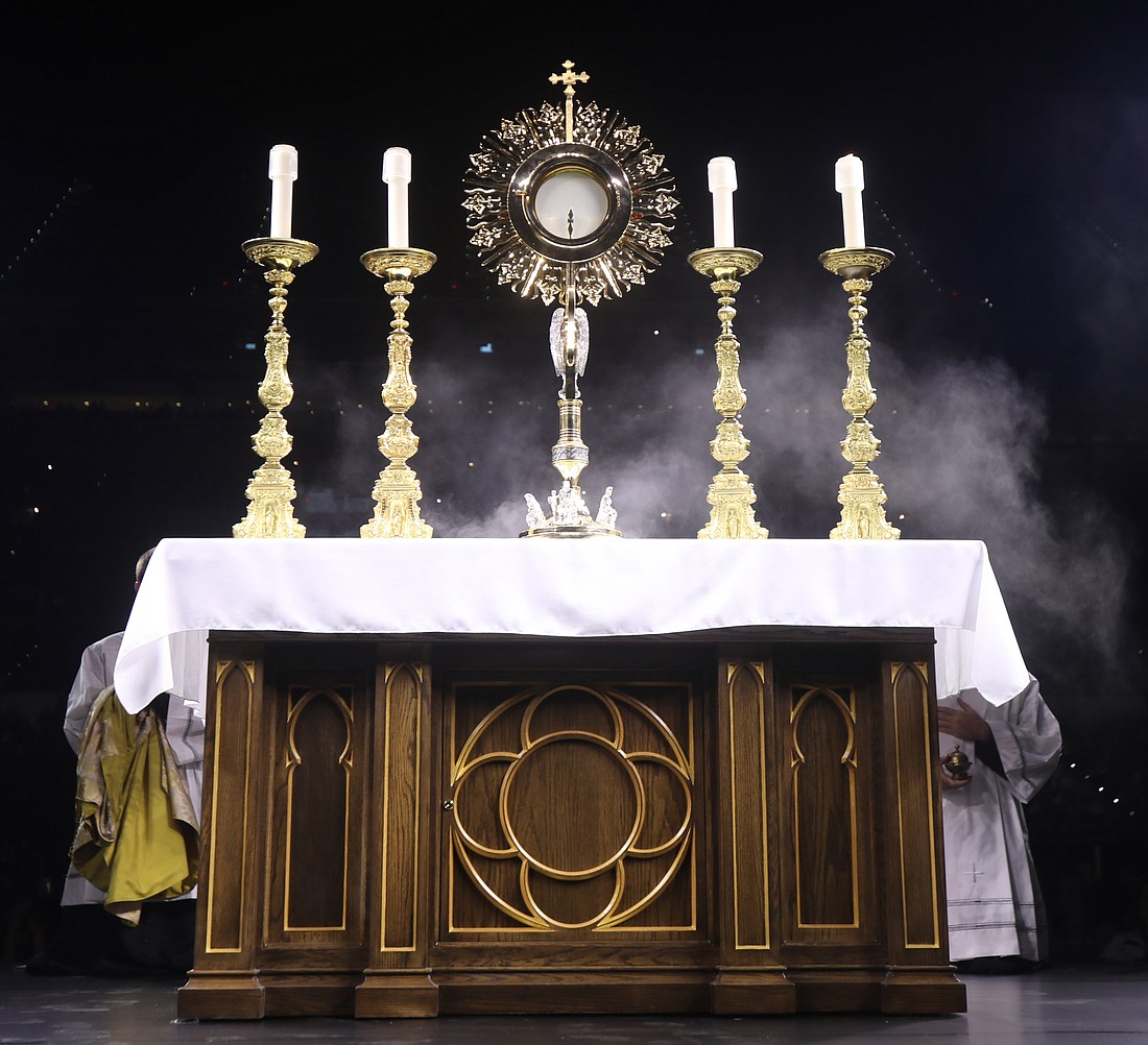 The monstrance is pictured during Eucharistic adoration at the July 18, 2024, second revival night of the National Eucharistic Congress at Lucas Oil Stadium in Indianapolis. (OSV News photo/Bob Roller)