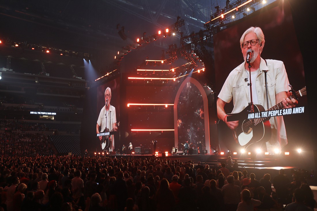 Catholic musician Matt Maher performs during the July 20, 2024, revival night of the National Eucharistic Congress at Lucas Oil Stadium in Indianapolis. (OSV News photo/Bob Roller)