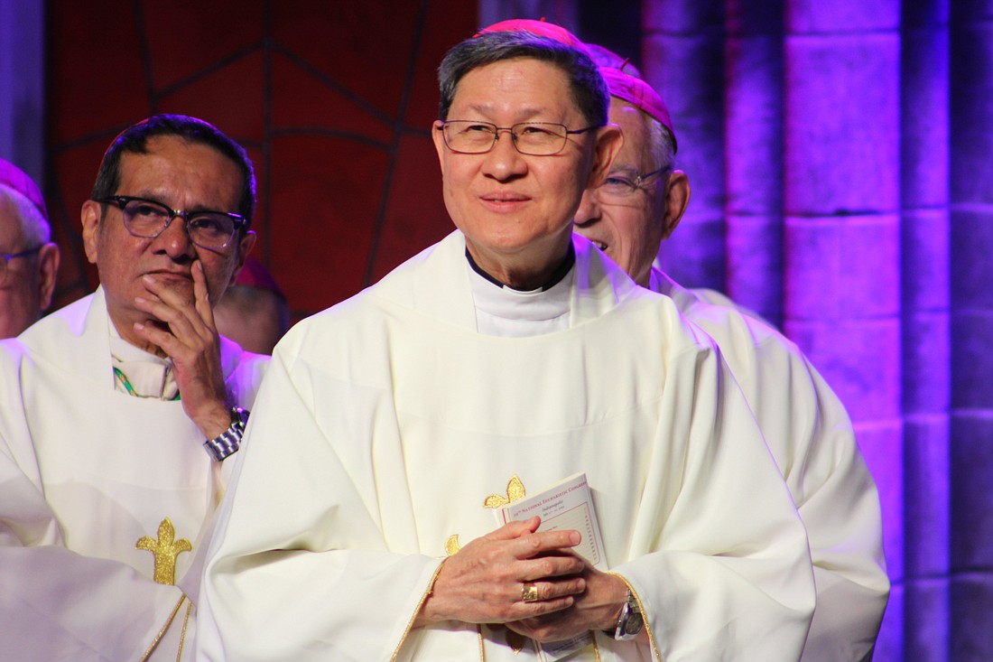 Cardinal Luis Antonio Tagle smiles during a July 19, 2024, press conference at the National Eucharistic Congress in Indianapolis. (OSV News photo/Gina Christian)