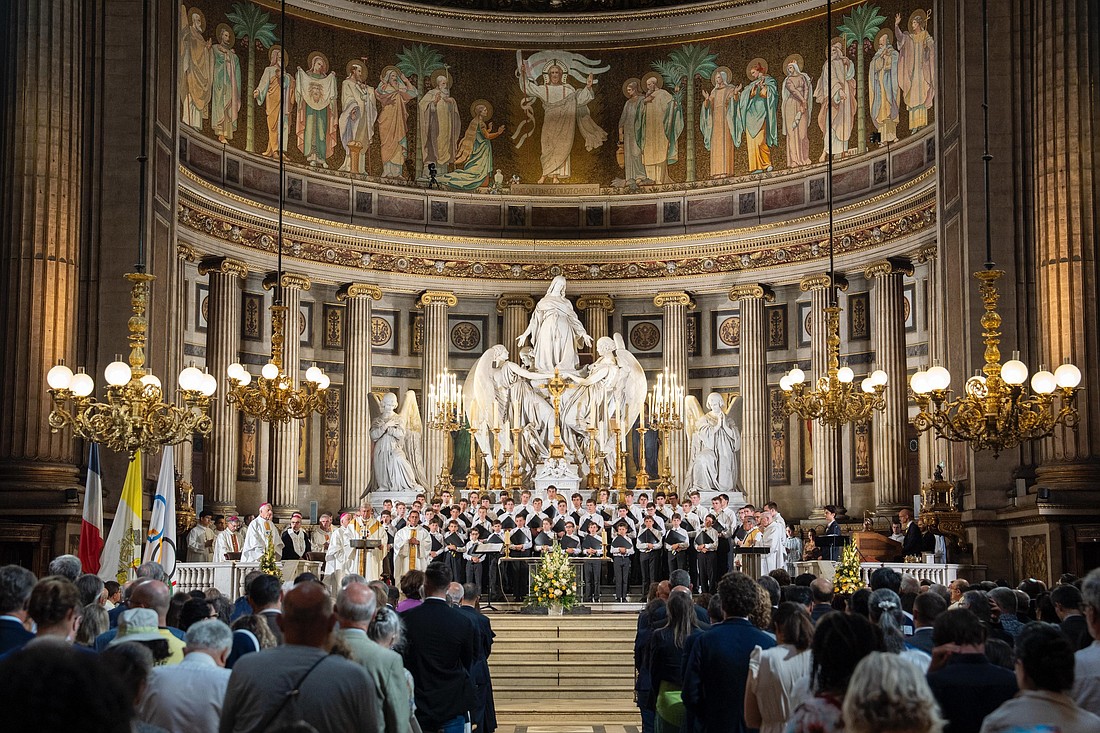 Archbishop Laurent Ulrich of Paris celebrates Mass July 19, 2024, in the iconic La Madeleine church in the heart of Paris to launch the Olympic truce in the presence of over a hundred diplomatic delegations, including one from the International Olympic Committee, led by IOC President Thomas Bach, and Paris Mayor Anne Hidalgo leading a delegation from City Hall. The feast of St. Mary Magdalene is July 22. (OSV News photo/courtesy IOC)