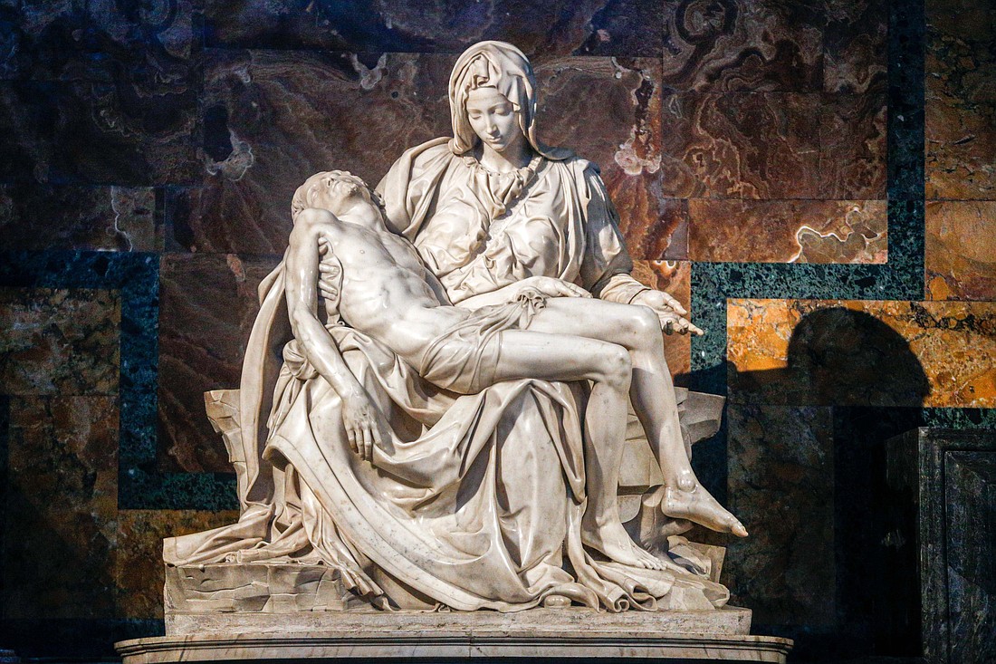 Michelangelo's Pietà is seen in St. Peter's Basilica at the Vatican May 30, 2023. The sculpture was coronated in 1568, but Mary's crown and Jesus' halo were removed in 1924. (CNS photo/Lola Gomez)