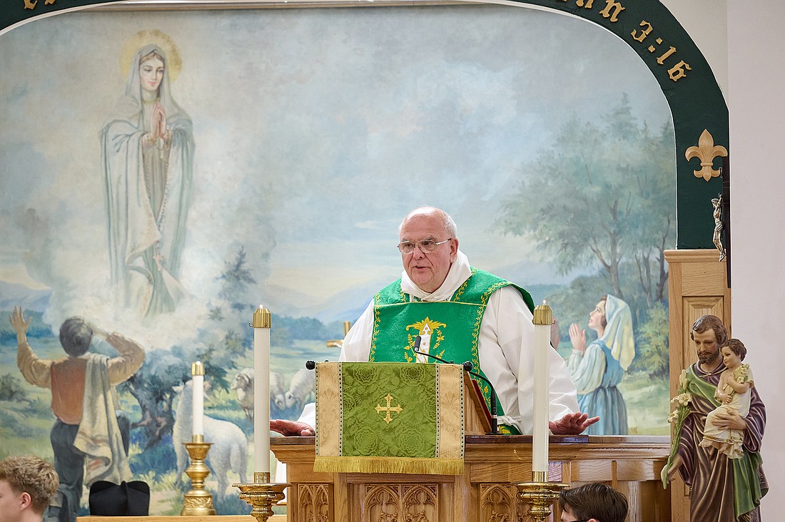 Father Hesko preaches his homily during a Mass he celebrated June 23 as he prepared to retire as pastor of St. Catherine Laboure Parish, Middletown. Mike Ehrmann photo