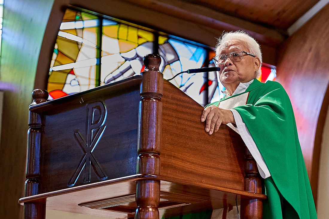 Father Roberto Ignacio preaches during Mass in St. Veronica Church, Howell, where he lives in residence. Vic Mistretta photo