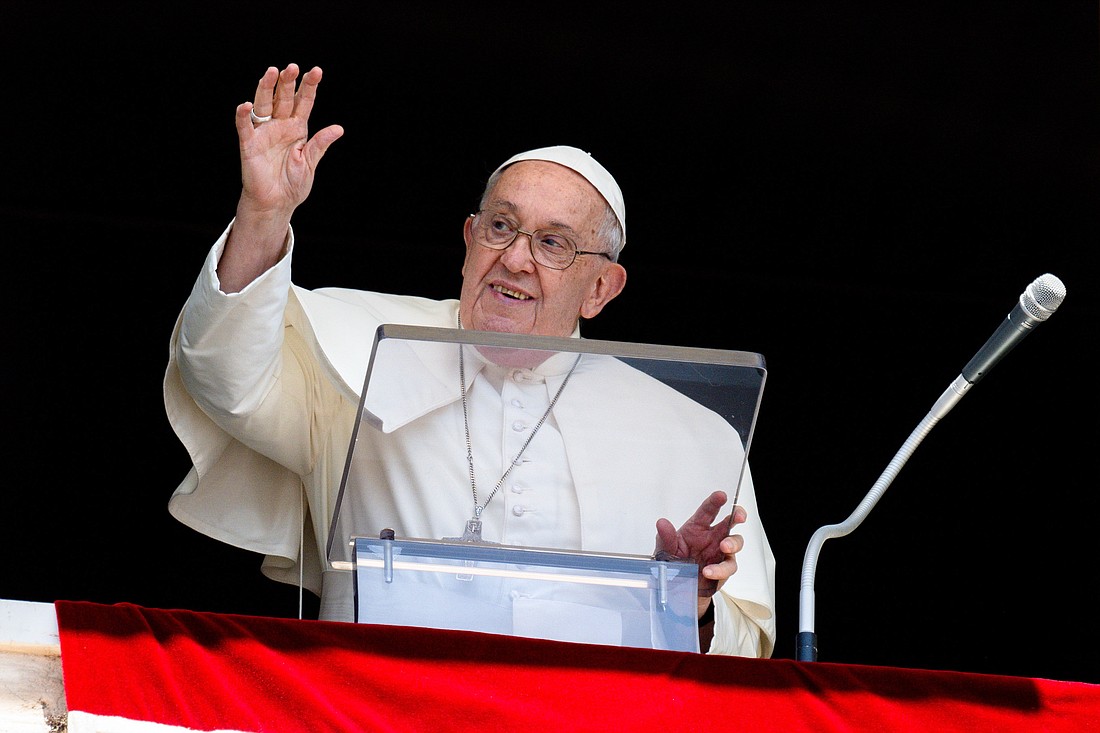 Pope Francis greets visitors gathered in St. Peter's Square to pray the Angelus at the Vatican July 28, 2024. (CNS photo/Vatican Media)