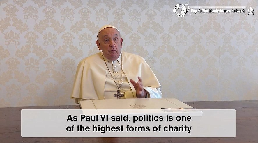 Pope Francis, in a screen grab from a video, says Pope Paul VI believed politics was one of the highest forms of charity. For August 2024, the pope's Worldwide Prayer Network asked Catholics to pray for political leaders. (CNS photo/ThePopeVideo.org)