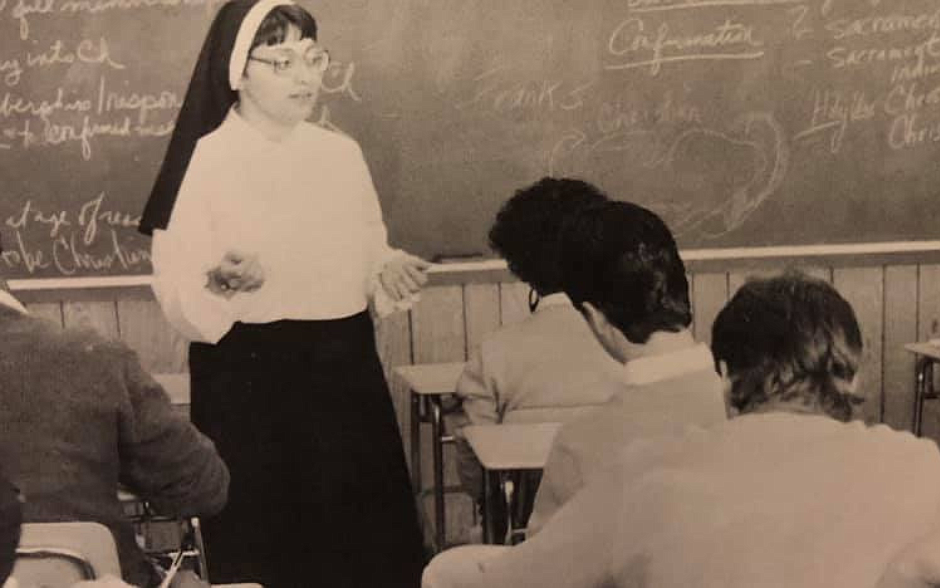 In 1986, Sister Barbara was teaching Religion at McCorristin Catholic High School. Here she explains Vatican II to students. Facebook photo